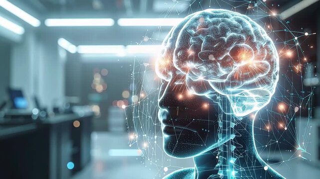 Digital Mindscape: A cutting-edge representation of the human brain, glowing with intricate detail, overlaid on the silhouette of a person, symbolizing the essence of thought and innovation.