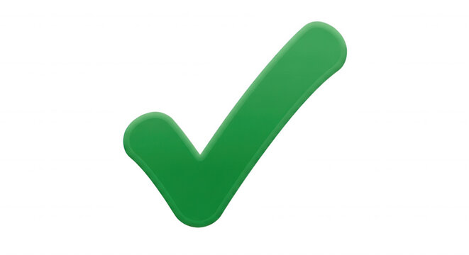 A 3 d rendered green check mark symbol with rounded edges isolated on a solid black background, representing a task completion or approval