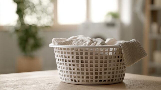White laundry basket on a wooden table. the basket is made of plastic and has a lattice pattern on it. inside the basket, there are folded white towels neatly folded and placed.