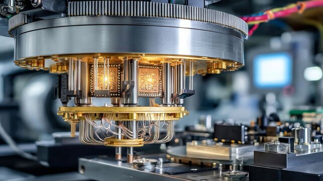 Advanced quantum computer chip with gold wiring and precision electronic components