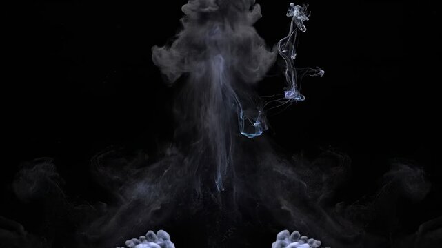 Captivating ethereal swirling smoke plumes emanate mysteriously into the darkness, forming abstract fluid shapes and organic patterns with a dramatic, atmospheric visual effect on a deep abyssal