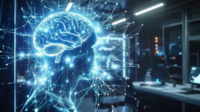 Technological Cognition: A vibrant display of the human brain illuminated within a web of futuristic digital networks, embodying the synergy of innovation and intellect.