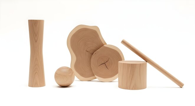 Wooden objects including cylinder, sphere, and tree slices on white background