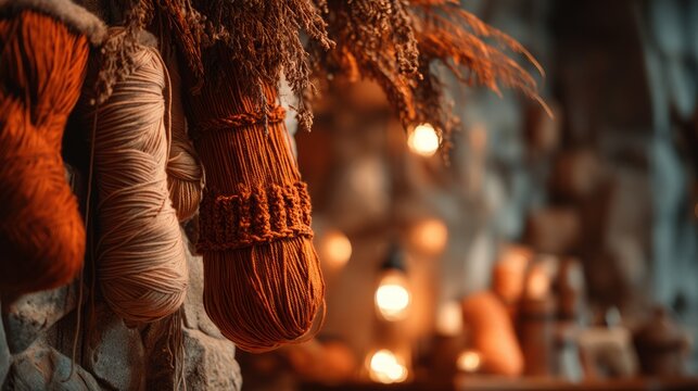 Close up of hanging skeins of brown thread yarn in warm natural light setting