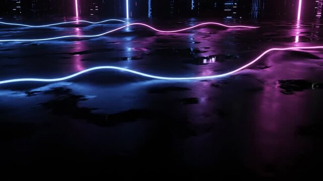 Vibrant neon lines dance across a wet, reflective surface, creating mesmerizing abstract patterns under a dark, atmospheric sky illuminated by futuristic city lights and glowing energy