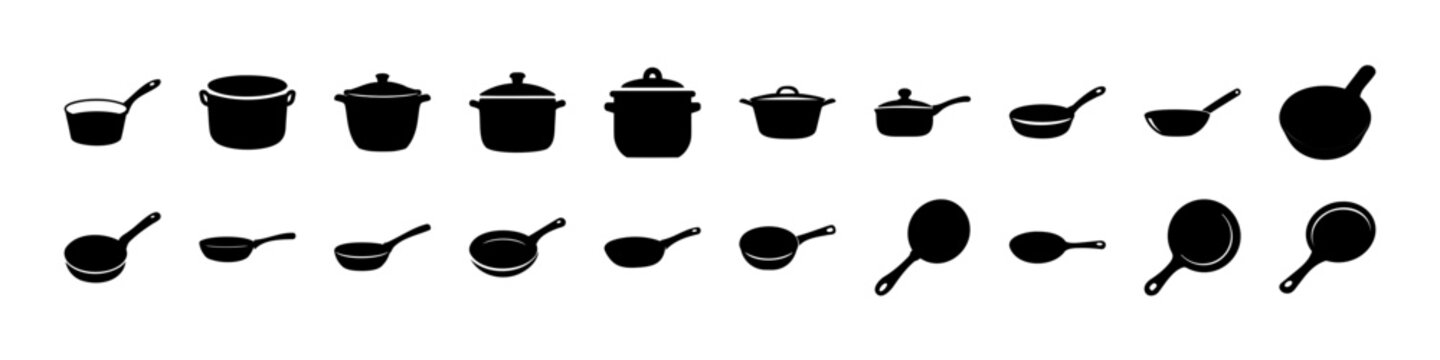 Flat icons set of various cooking pots and pans - Minimalist flat design icons showing different types of pots, pans, and kitchen utensils in black and white for culinary or food-related projects.