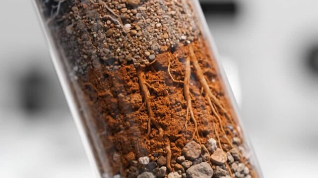 Plant roots growing through stratified layers soil sand gravel. Scientific demonstration highlighting soil composition root development. Ideal educational videos geology agriculture science.