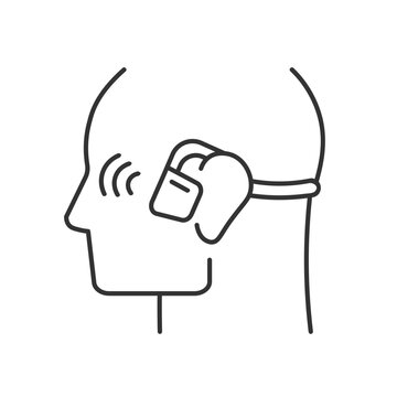 Open ear wireless headphones linear icon. Bone conduction earphones. Wireless connection to phone. Thin line customizable illustration. Contour symbol. Vector isolated outline drawing. Editable stroke