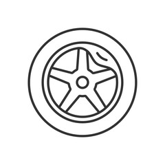 Obraz premium Wheel damage linear icon. Collision damaged vehicle. Driving on cracked rim. Uneven wear in tires. Thin line customizable illustration. Contour symbol. Vector isolated outline drawing. Editable stroke