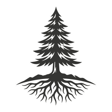 Pine tree with roots and mountains silhouette.