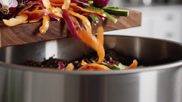 Vegetable scraps falling from a wooden board into a compost bin. Eco-friendly waste management and sustainable living concept. Ideal for environmental and gardening content.
