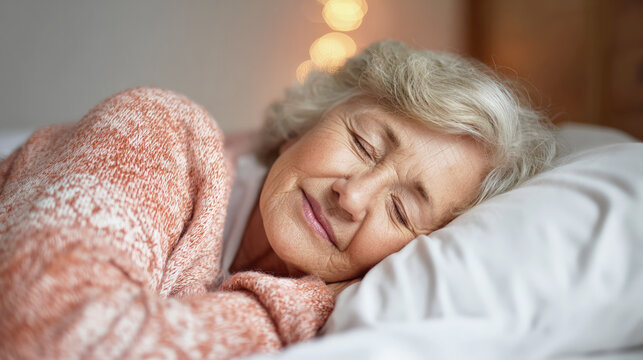 An elderly woman sleeps peacefully under a warm blanket on a pillow in a cozy bedroom.