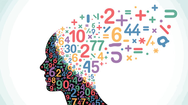  Digital illustration of a human head silhouette filled with colorful mathematical numbers and symbols, concept of logic, education, and brain power.