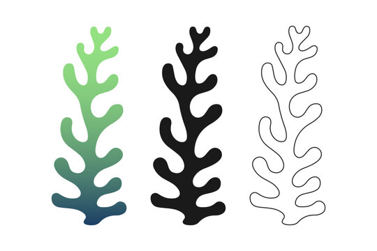 Whimsical hand drawn doodle wavy seaweed silhouettes set with black icon, line art and emerald-to-navy gradient for spa branding, eco-friendly stationery, summer textile prints and ocean themed wall a