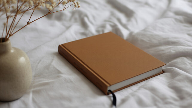 A simple brown hardcover notebook rests on a rumpled white linen bedsheet, with a vase of dried flowers nearby, suggesting a moment of quiet reflection.