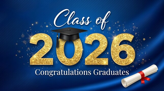 Class of 2026 Congratulations Graduates Blue and Gold Graduation Banner with Glitter Numbers Mortarboard and Diploma