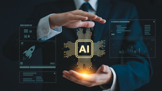 A man in a suit cradles a glowing AI chip emblem between his open hands, surrounded by digital screens showing rocket launch and data analytics.