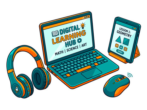 vector Digital learning hub with laptop tablet headphones and mouse for online education and remote study