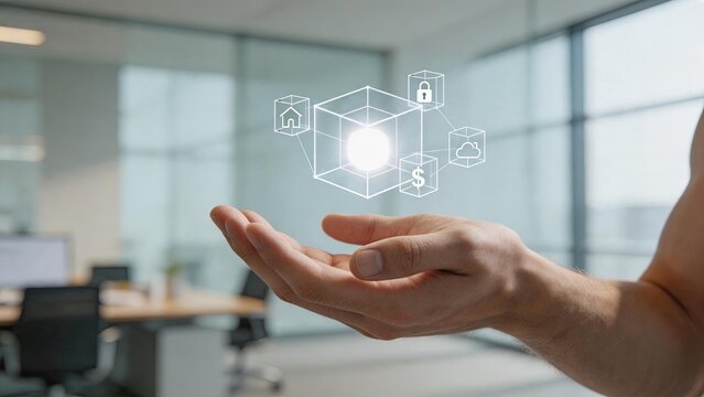 Human hand holding futuristic hologram of blockchain network cube with connected nodes representing security cloud storage finance and home automation technology in bright office