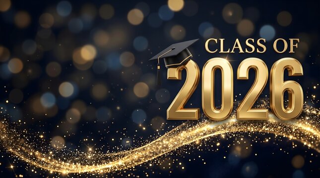 Class of 2026 Gold 3D Numbers with Graduation Cap and Glitter Wave on Dark Navy Blue Bokeh Background