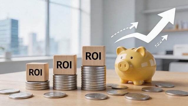 Return on investment concept with wooden blocks labeled ROI stacked on coins next to yellow piggy bank, financial growth chart arrow rising up, business profit savings and wealth
