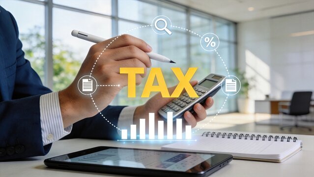 Close up of accountant calculating taxes using calculator and stylus pen, surrounded by financial graphics including bar charts, percentage signs, search icon, and documents on