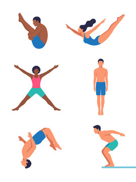 vector Diverse people performing various acrobatic diving and jumping poses for sports and recreation