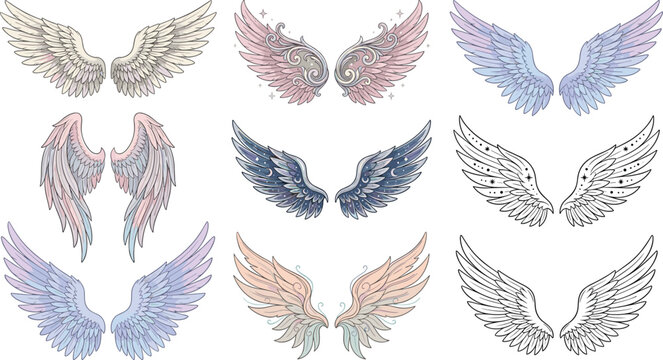 Elegant pastel angel wings collection, fantasy feather wing set, decorative celestial tattoo design, mystical flying wings isolated illustration