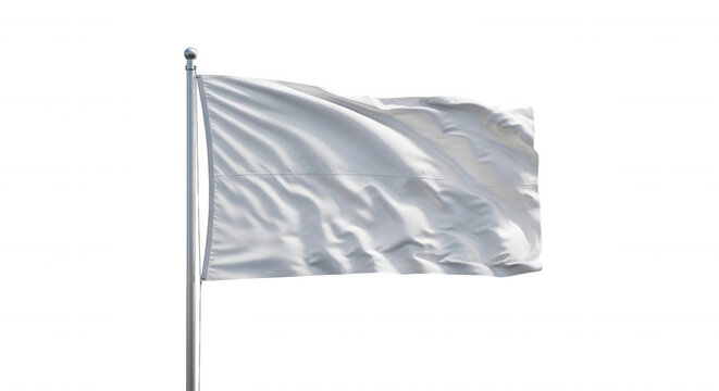 A blank white flag waving on a silver metal flagpole, isolated against a solid black background, showing fabric folds and ripples