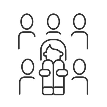 Enochlophobia linear icon. Irrational fear of crowd. Panic disorder. Psychotherapy treatment. Thin line customizable illustration. Contour symbol. Vector isolated outline drawing. Editable stroke