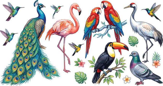 Exotic tropical bird collection illustration, colorful peacock flamingo parrots and toucan wildlife vector artwork with botanical elements
