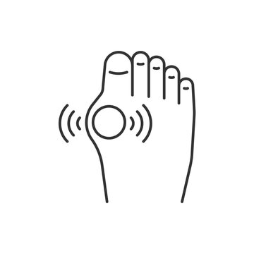 Gout linear icon. Inflammatory arthritis type. Uric acid buildup. Affecting joint in big toe. Thin line customizable illustration. Contour symbol. Vector isolated outline drawing. Editable stroke