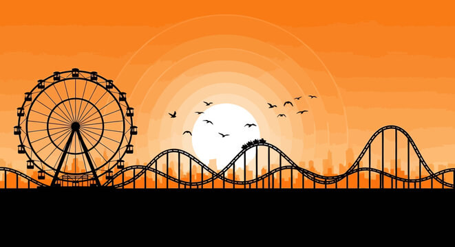 Silhouetted amusement park skyline at sunset featuring a ferris wheel and roller coaster against an orange sky.