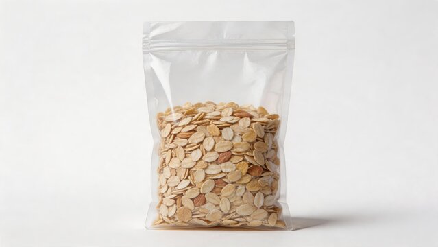 Transparent plastic bag filled with oat flakes cereal on white background, healthy food ingredient, organic breakfast option, nutrition and diet concept, natural grain product