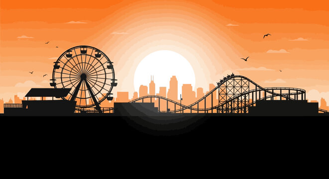 Sunset Skyline with Ferris Wheel and Roller Coaster Silhouette Over a Dusk Cityscape.