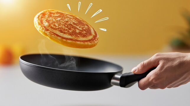 Hand holding a frying pan with a pancake floating above it, steam rising, against a bright yellow background with blurred citrus fruits in the distance