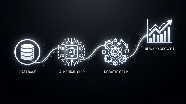 Elegant workflow path with database ai neural chip robotic gear and upward growth on black background