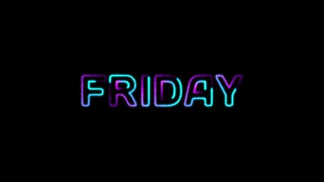 Friday Weekday Text Animation with Glowing Blue and Purple Particles on Black Background