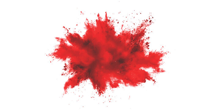 Bright red powder explosion with colorful dust particles flying in the air