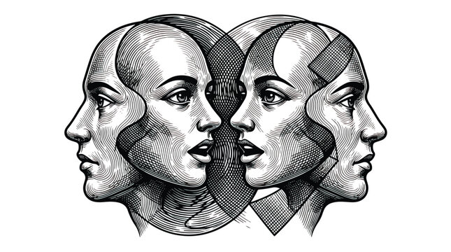 Surreal psychological portrait of two faces merged, conceptual human mind illustration, monochrome engraved style profile heads for mental health