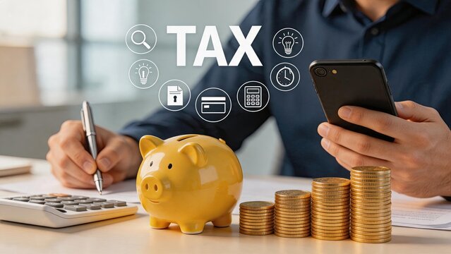 Tax planning and financial savings concept featuring yellow piggy bank, stacks of gold coins, calculator, and smartphone, businessman calculating expenses and budget for income