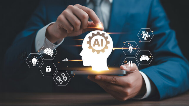 A person holds a smartphone displaying an AI head icon surrounded by interconnected hexagonal icons representing various AI applications and concepts.