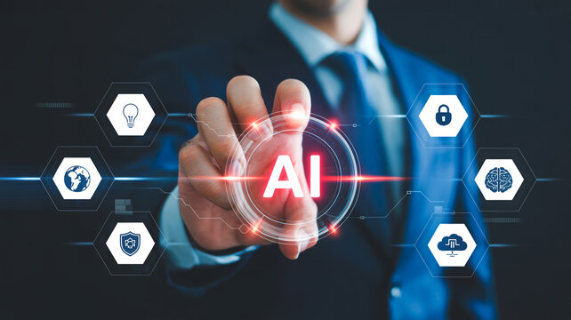 A person's finger touches a circular glowing AI icon, surrounded by hexagonal icons representing various technological and business concepts a .