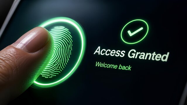 Close-up of biometric login accepted, green check glow, security reassurance