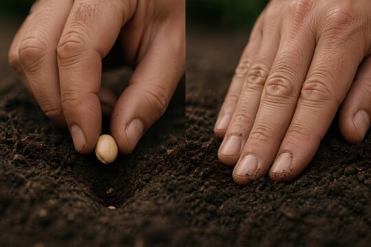 Hand planting seed then covering soil, commitment close-up