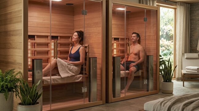 Couple enjoying a serene infrared sauna session together, promoting health and wellness in a modern spa environment.