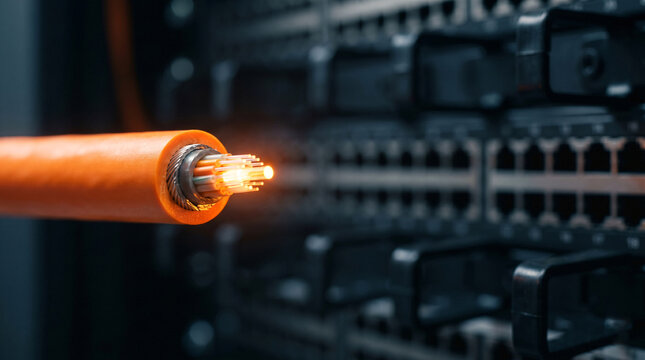 Bright orange fiber optic cable glowing with transmitted light, cable jacket cross-section, data center panel