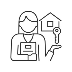 Obraz premium Estate agent linear icon. Real estate broker. Housing assistance and help. Property sale. Thin line illustration. Contour symbol. Vector outline drawing. Editable stroke. Arial font used