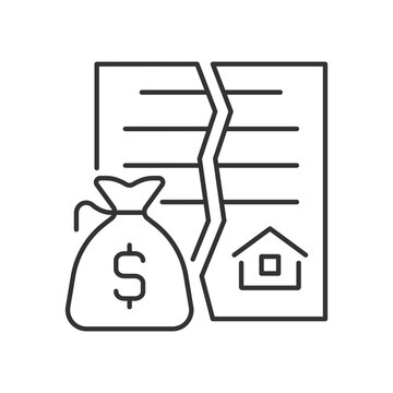 Nullified contract linear icon. Void and invalid agreement. Real estate transaction annulment. Thin line illustration. Contour symbol. Vector outline drawing. Editable stroke. Arial font used