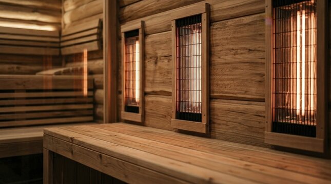 Close-up of modern infrared sauna interior, highlighting wooden benches and glowing heat therapy panels for relaxation.